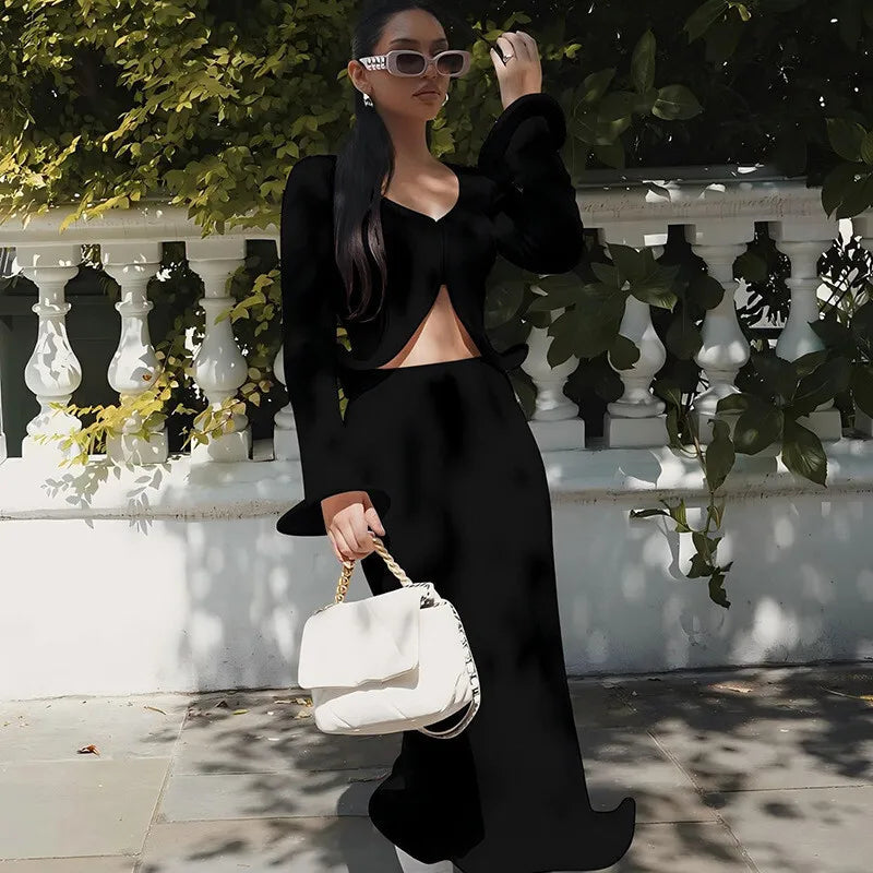 Elegant Sexy Skirt Two Piece Sets Women Autumn New V Neck Long Sleeve T-shirt And Long Skirt Matching Two Piece Sets