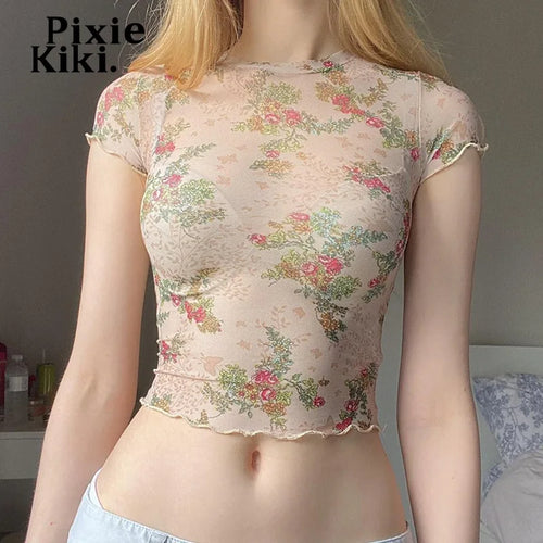 Load image into Gallery viewer, See Through Floral Mesh Tops Summer Clothes for Women Y2k 2000s Vintage Crop Top Shirt Graphic Tees P67-AE10
