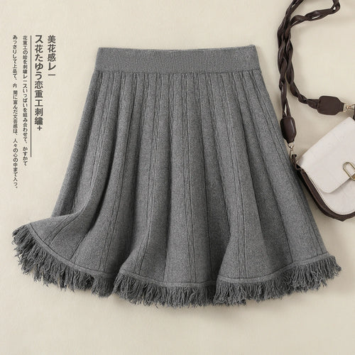 Load image into Gallery viewer, Korean Fashion Autumn Winter Women Solid Tassels Holiday Knitted Short Skirt Vintage High Waist A-line Pleated Half Skirts 2024
