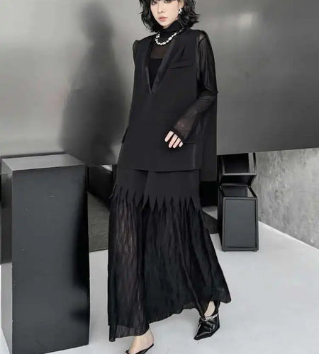 Black Big Size Vest Pleated Skirt Two Pieces Suit New V-Neck Sleeveless Women Fashion Tide Spring Autumn 2025 1DJ0261