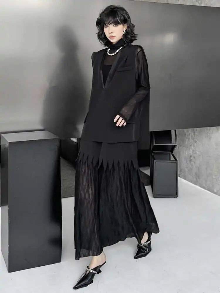 Black Big Size Vest Pleated Skirt Two Pieces Suit New V-Neck Sleeveless Women Fashion Tide Spring Autumn 2025 1DJ0261