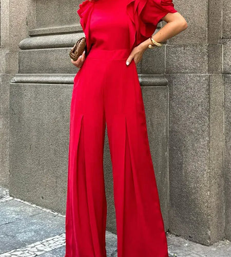 Red Romper Jumpsuit Woman 2025 New Summer Falbala Short Sleeves Wide Leg Jumpsuits Woman Elegant Party Formal Clothes