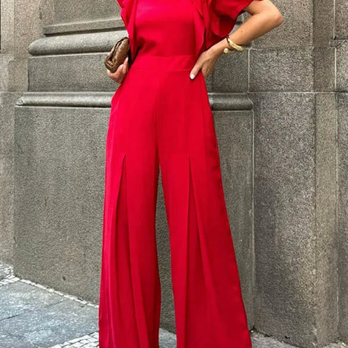 Load image into Gallery viewer, Red Romper Jumpsuit Woman 2025 New Summer Falbala Short Sleeves Wide Leg Jumpsuits Woman Elegant Party Formal Clothes
