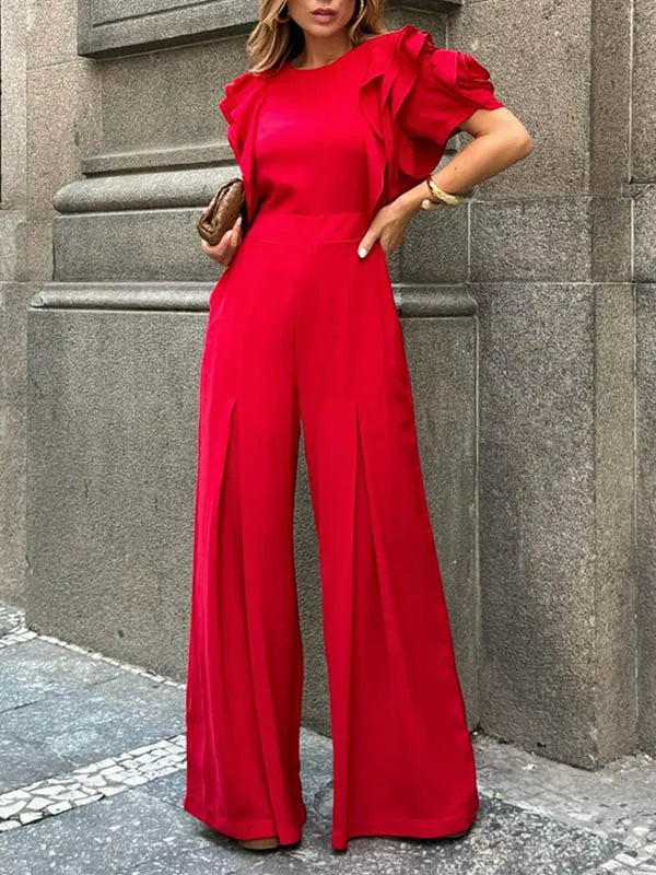Red Romper Jumpsuit Woman 2025 New Summer Falbala Short Sleeves Wide Leg Jumpsuits Woman Elegant Party Formal Clothes