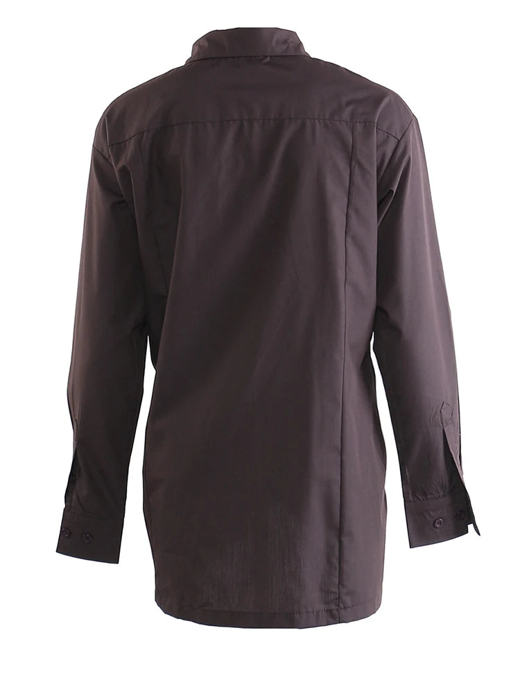 Women Brown Pleated Elegant Irregular Big Size Blouse New Lapel Long Sleeve Shirt Fashion Tide Spring Autumn 2025  1DJ1089
