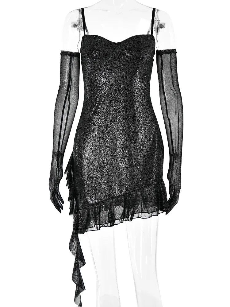 Sexy Spaghetti Strap Sleeveless Tight Dress Women Ruffle Edge Mesh Slim Backless Vesidos Party Club Nightclub Dress 2024