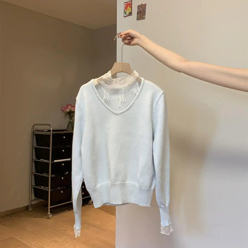 Load image into Gallery viewer, Autumn Winter New Solid Patchwork Lace Long Sleeved Knit Sweater Vintage Elegant Festival Half High Neck Pullover Slim Top Women
