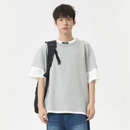 Load image into Gallery viewer, Korean Style Male T-shirts Summer Loose Round Neck Short Sleeve Fake Two-piece Patchwork Men&#39;s Tees Chic 2024 9C6308
