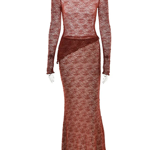 Load image into Gallery viewer, Fashion Lace Long Sleeved Round Neck Top Skirt Two-piece Set For Women 2024 Autumn Winter New Transparent T-shirt Set
