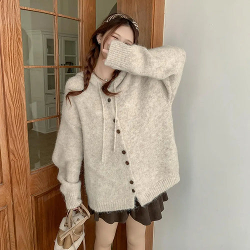 Load image into Gallery viewer, Korean Fashion Solid Elegant Single Breasted Short Hooded Sweater Women Autumn Winter Long Sleeve Vacation Cardigan Knitted Tops
