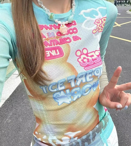 Streetwear Y2k Tshirts 2024 Women Clothing Long Sleeve Slim Fit Tees Fashion Summer Crop Tops Cartoon Casual Gradient Tshirts