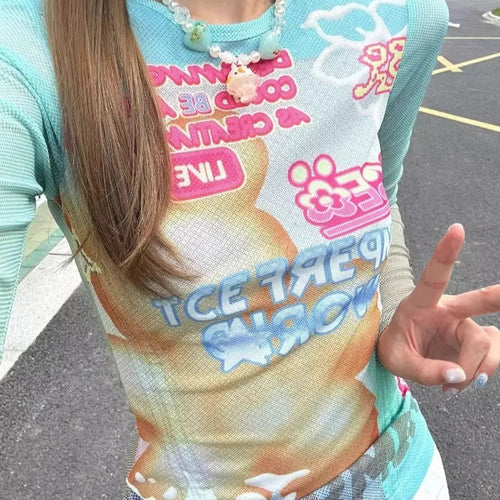 Load image into Gallery viewer, Streetwear Y2k Tshirts 2024 Women Clothing Long Sleeve Slim Fit Tees Fashion Summer Crop Tops Cartoon Casual Gradient Tshirts
