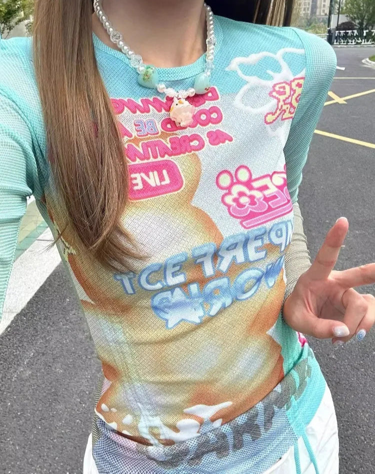 Streetwear Y2k Tshirts 2024 Women Clothing Long Sleeve Slim Fit Tees Fashion Summer Crop Tops Cartoon Casual Gradient Tshirts