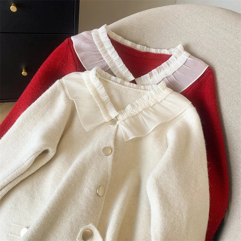 Women White Patchwork Cardigan Sweater Red Long Sleeve Ruffles Doll Collar Office Lady Knit Button Tops 2024 Spring Autumn Trend