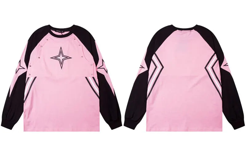 Men Sports Oversize T-Shirts Y2K Streetwear Hip Hop Star Print Patchwork Long Sleeve Cotton Tshirt Harajuku Loose Cotton Tops