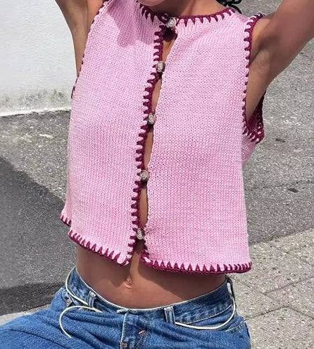 Contrast Color Knit Sweater Vest Women O Neck Single-btrasted Sleeveless Crop Tops Ladies Fashion Knitted Tops Vest