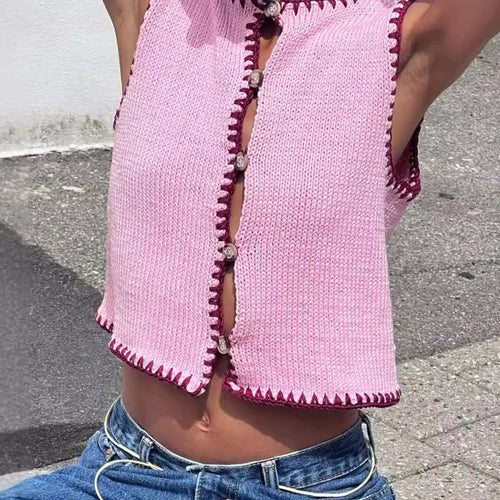 Load image into Gallery viewer, Contrast Color Knit Sweater Vest Women O Neck Single-btrasted Sleeveless Crop Tops Ladies Fashion Knitted Tops Vest
