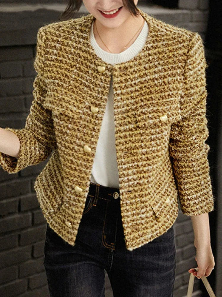 Elegant Retro Women's Gold Short Woolen Coat Autumn Winter Korean Fashion Tweed Coat Perfect Female OL Outwear Wool Jacket