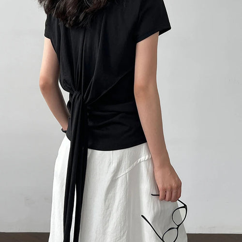 Load image into Gallery viewer, Women White Gray Waist Bandage Brief Elegant T-shirt New Round Neck Short Sleeve Fashion Tide Spring Summer 2025  1DJ1897
