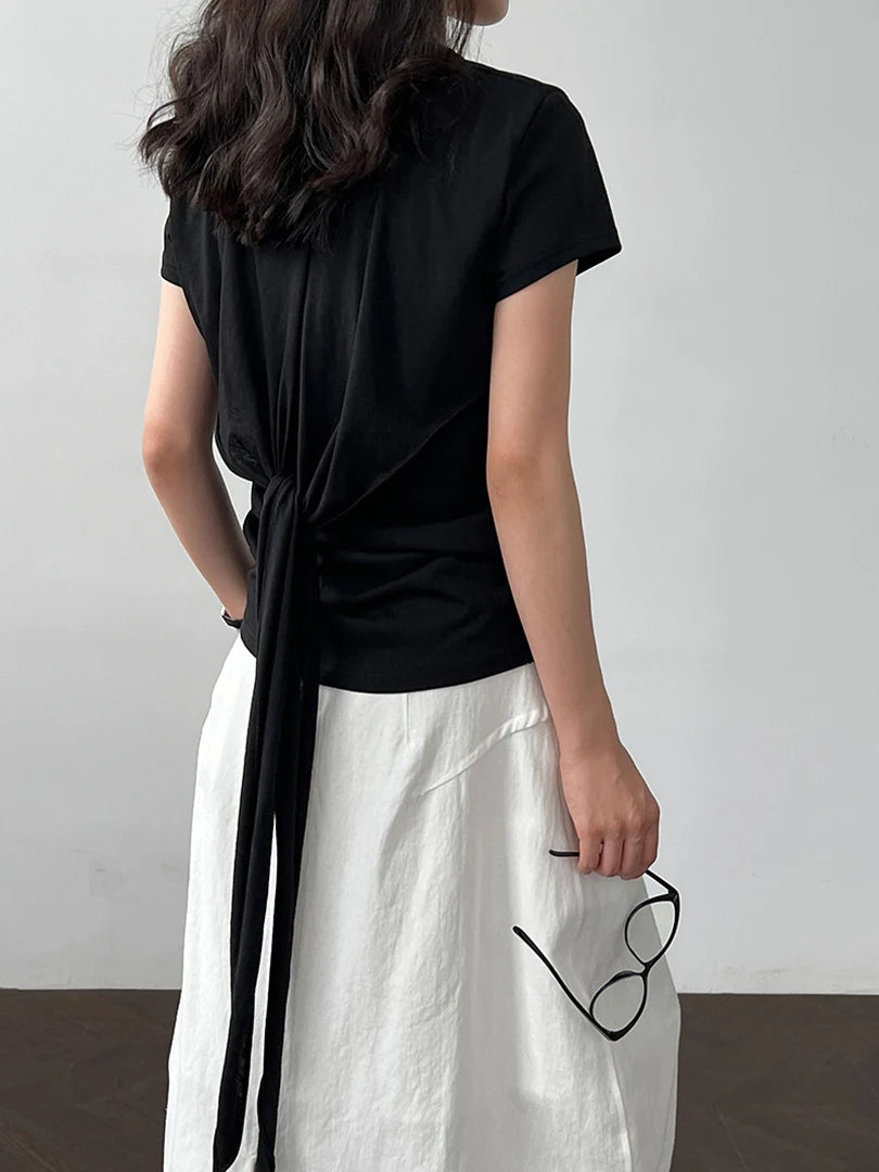 Women White Gray Waist Bandage Brief Elegant T-shirt New Round Neck Short Sleeve Fashion Tide Spring Summer 2025  1DJ1897