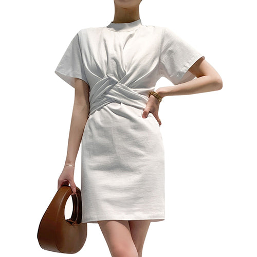 Load image into Gallery viewer, Patchwork Folds Solid Dresses For Women Round Neck Short Sleeve High Waist Mini Dress Female Fashion Clothes Summer
