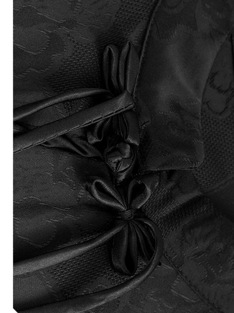 Women Black Jacquard Buckle Mesh Big Size Midi Dress New Stand Collar Short Sleeve Fashion Tide Spring Summer 2025 1DJ1231