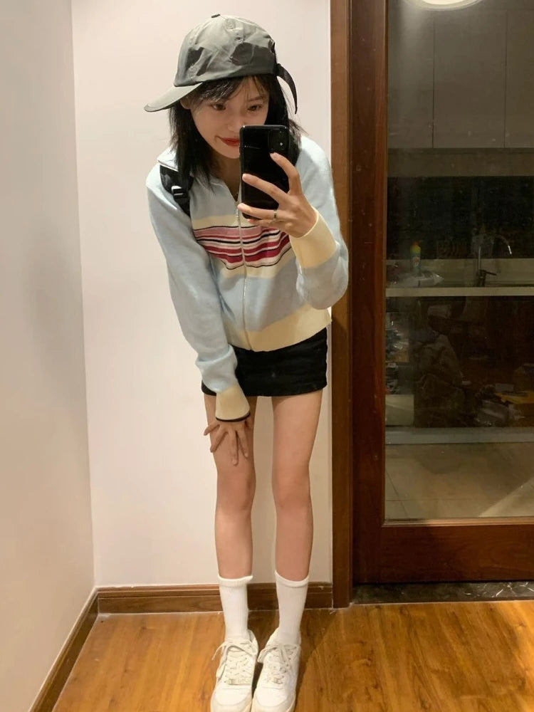 Vintage Ins Fashion Striped Cardigan Women Autumn Thin Casual Slim Knit Sweater Coat Y2k Aesthetic Grunge Kardigan Cute