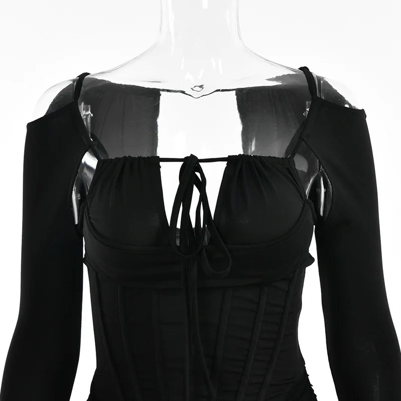 Hollow Out Spaghetti Strap Dresses Women Sexy High Waist Long Sleeve Party Outfits Solid Backless Black Fishbone Dress