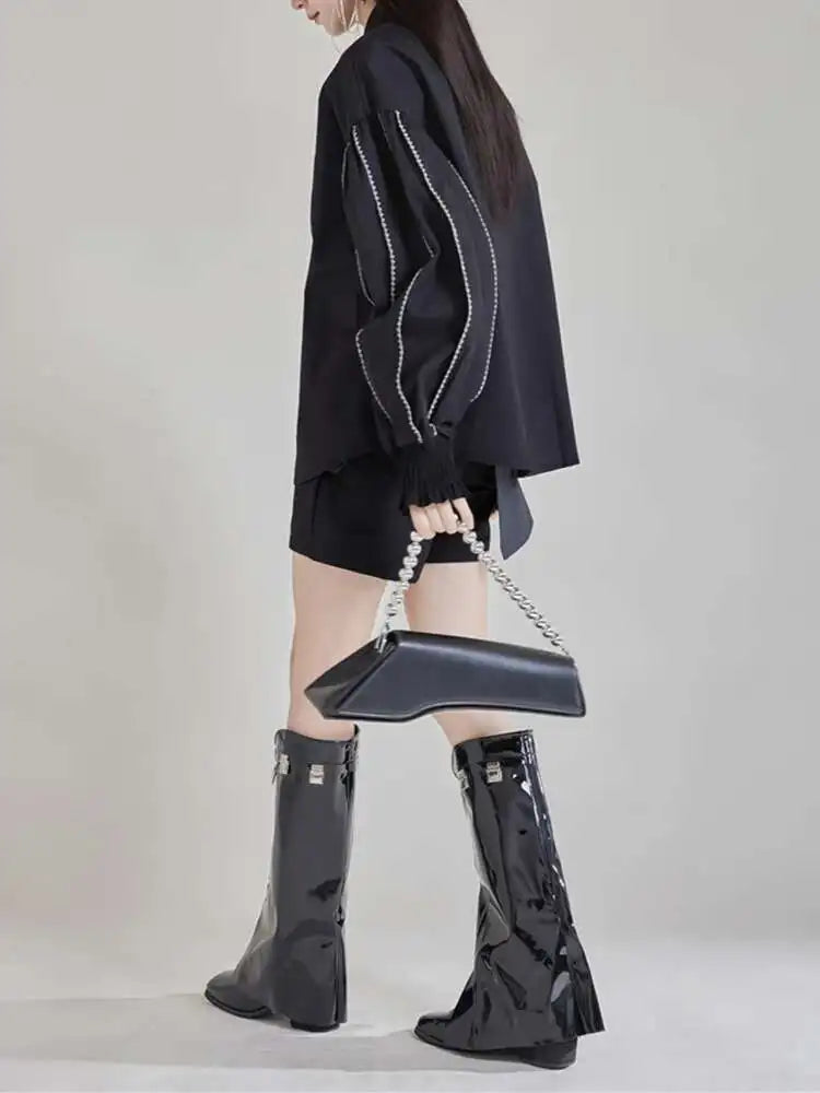 Women White Color-block Elegant Blouse New Lapel Long Lantern Sleeve Shirt Fashion Tide Spring Autumn 2025 1DH9890