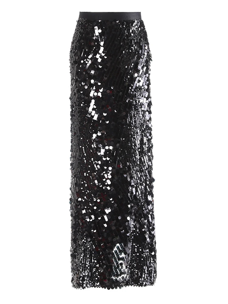 High Elastic Waist Black Sequins Back Slit Elegant Half-body Skirt Women Fashion Tide New Spring Autumn 2025 1DJ1138