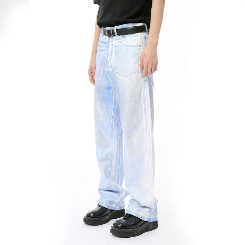 Male Silver Blue Deinm Pants New High Street Apply Wax Gloss Straight Loose Men's Jeans Summer Chic Trendy 9C6672