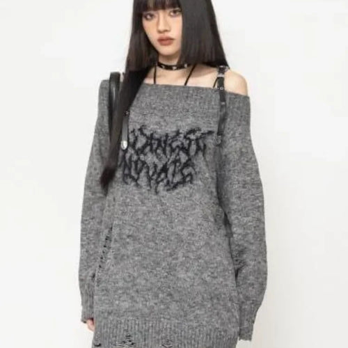 Load image into Gallery viewer, Harajuku Gothic Sexy Off Shoulder Knitted Jumpers Grunge Jacquard Sweater Fashion Knitwear Y2k Aesthetic Slash Neck Pullover
