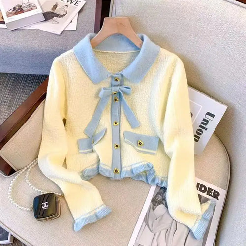 Load image into Gallery viewer, Autumn Winter Black Beige Patchwork Long Sleeves Knitted Sweater French Fashion Women's Elegant Single Breasted Bow Tops Vintage
