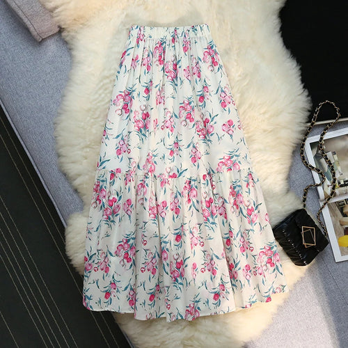 Load image into Gallery viewer, Vintage Floral Print A-line Pleated Long Skirts Summer Women 2023 Casual Skirt Streetwear Elastic Waist Midi Skirt
