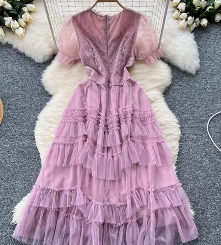 Retro Sweet Pink Lace Elegant Sequined Long Dress Round Neck Women Summer Short Sleeve Ruffles Evening Party Princess Dress Chic