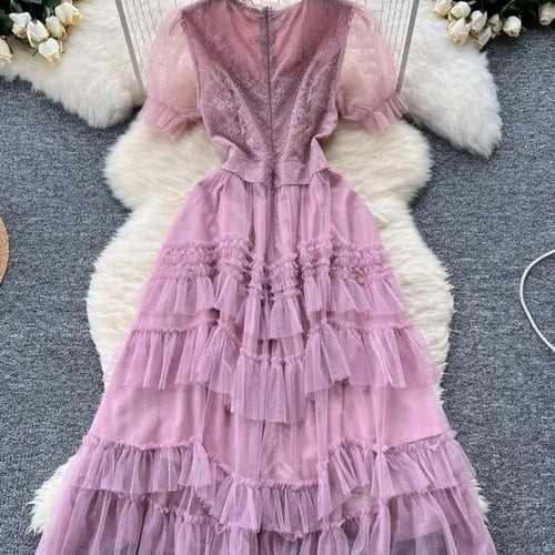 Load image into Gallery viewer, Retro Sweet Pink Lace Elegant Sequined Long Dress Round Neck Women Summer Short Sleeve Ruffles Evening Party Princess Dress Chic
