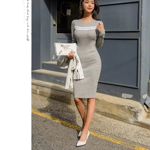 Load image into Gallery viewer, Korean Style Women's Grey Patchwork Elegant Long Sleeve Office Knitted Dress Autumn Winter Zipper Wrap Hip Midi Dress 2024 Trend
