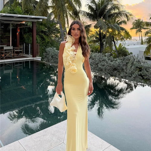 Load image into Gallery viewer, Mesh Rose Deep V Neck Sexy Maxi Dress For Women Gown Elegant Halter Sleeveless Backless Bodycon Club Party Long Dress
