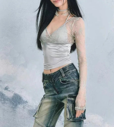 Y2k Aesthetic Lace Patchwork Crop Top Vintage Harajuku V Neck Bandage T-shirts Streetwear See Through Slim Fit Grunge Tees Women