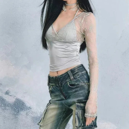 Load image into Gallery viewer, Y2k Aesthetic Lace Patchwork Crop Top Vintage Harajuku V Neck Bandage T-shirts Streetwear See Through Slim Fit Grunge Tees Women
