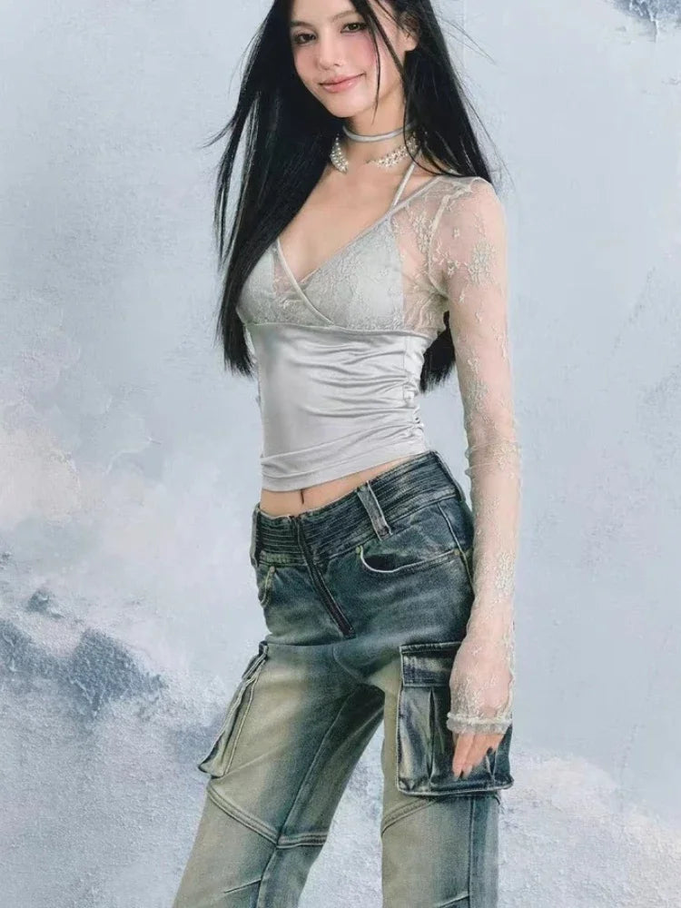 Y2k Aesthetic Lace Patchwork Crop Top Vintage Harajuku V Neck Bandage T-shirts Streetwear See Through Slim Fit Grunge Tees Women