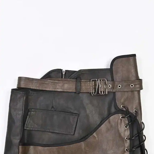 Load image into Gallery viewer, High Waist Belted Brown  Irregular Pu Leather String Half-body Skirt Women Fashion Tide New Spring Autumn 2025 1DE422916
