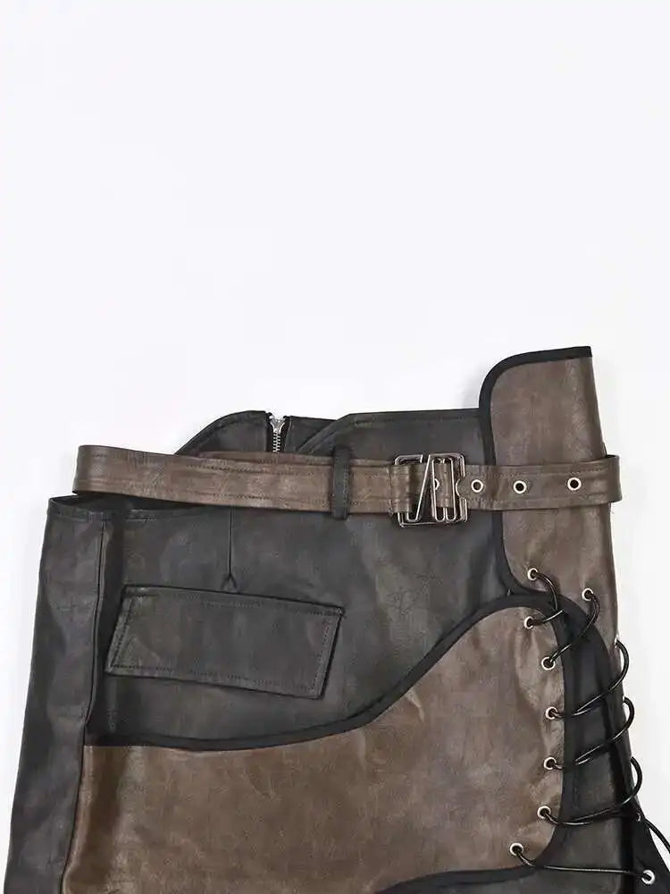 High Waist Belted Brown  Irregular Pu Leather String Half-body Skirt Women Fashion Tide New Spring Autumn 2025 1DE422916