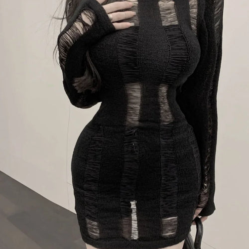 Load image into Gallery viewer, Sexy Backless Knitted Mini Dress Black Knit Perspective Bodycon Wrap Slim Short Dresses Party Club Outfits
