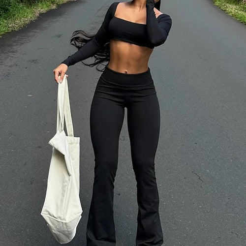 Load image into Gallery viewer, Casual 2 Piece Sets Square Collar Long Sleeve Solid Sexy Slim Crop Top Wide Leg Pants Fall Women Outfits Holiday Sport
