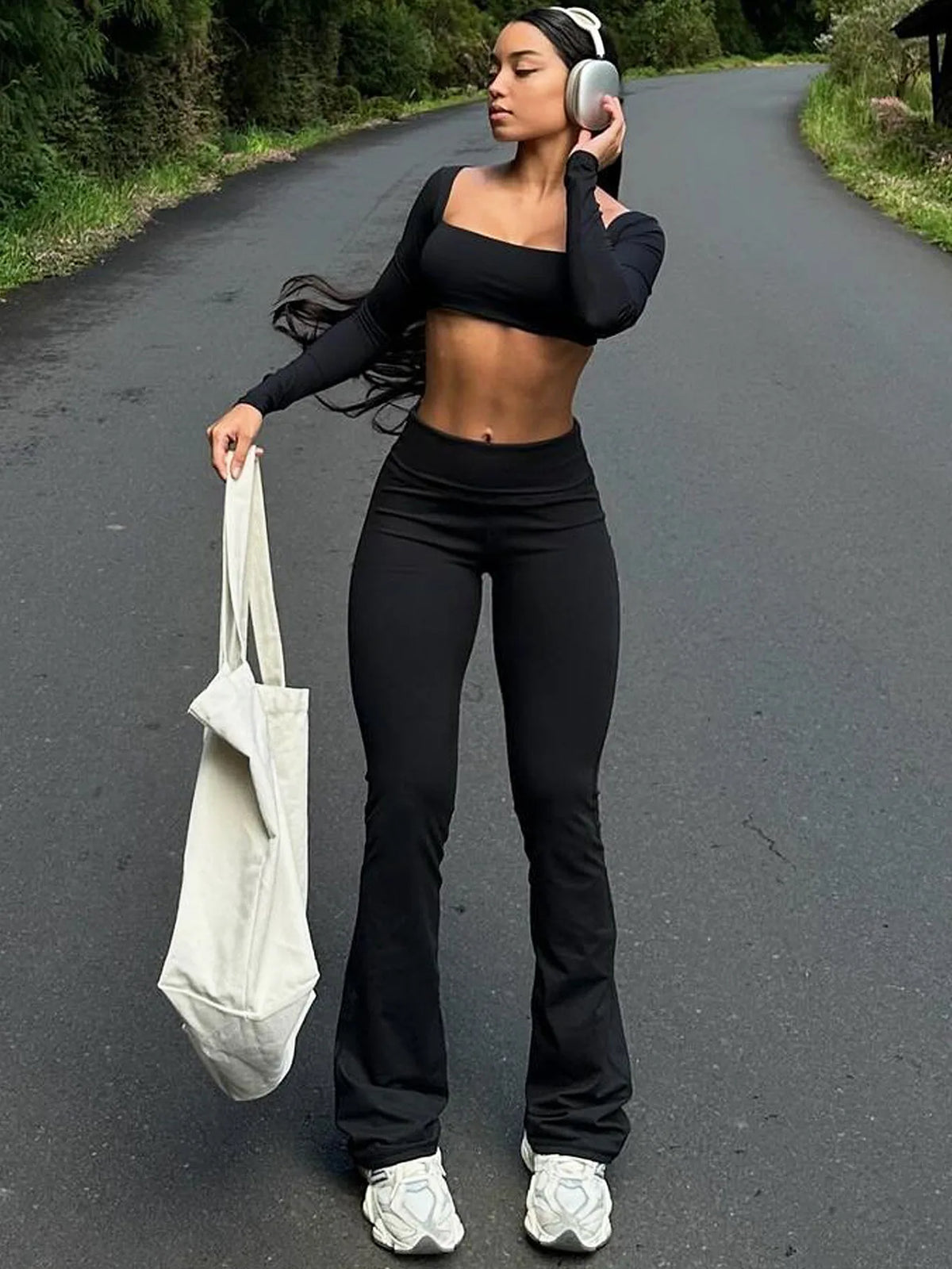 Casual 2 Piece Sets Square Collar Long Sleeve Solid Sexy Slim Crop Top Wide Leg Pants Fall Women Outfits Holiday Sport