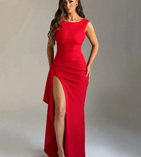 Women's Elegant Sleeveless High Slit Backless Evening Dress, Slim Party Club Dress, Female Bodycon, Summer, New, 2024