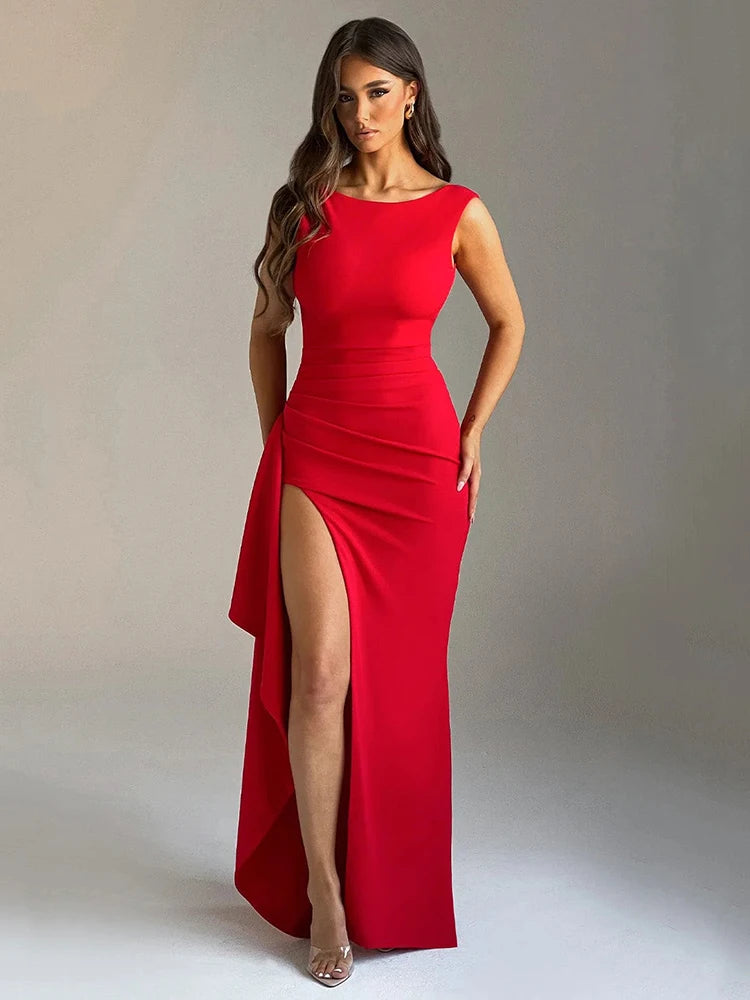 Women's Elegant Sleeveless High Slit Backless Evening Dress, Slim Party Club Dress, Female Bodycon, Summer, New, 2024