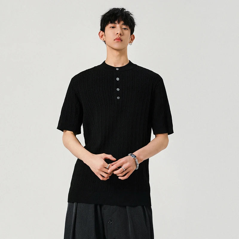 Men's T-shirts New Summer Fashion Male Multi Buttons Solid Color Round Neck Shourt Sleeves Trendy Clothing 2025 9W1385