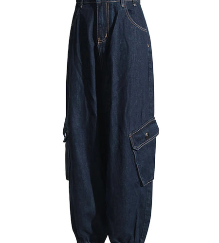 DeepBlue Denim Pants For Women High Waist Spliced Pockets Wide Leg Bloomers Trousers Female Summer Clothes